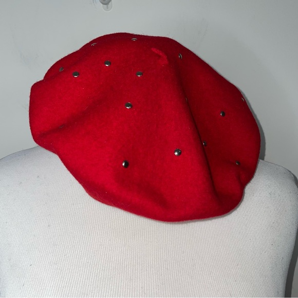 Red Wool Felted Beret Silver Studs - Picture 1 of 7